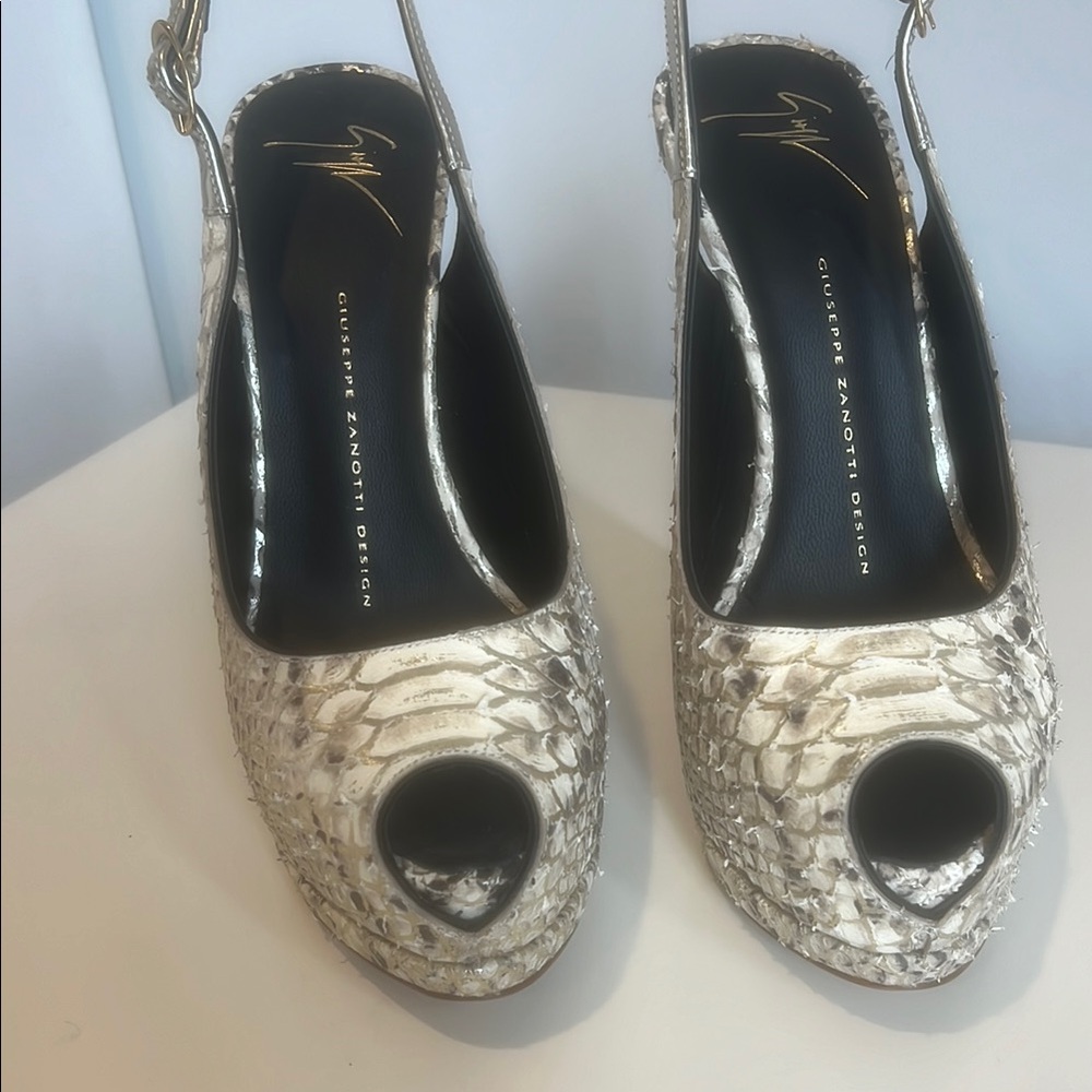 Giuseppe Zanotti Silver Peep-Toe Slingback Heels